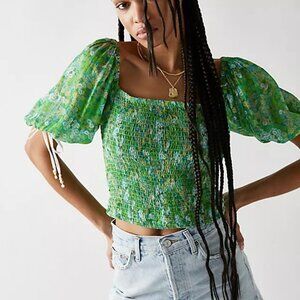 Free People Back On Top Floral Green Puff Sleeve M NWT